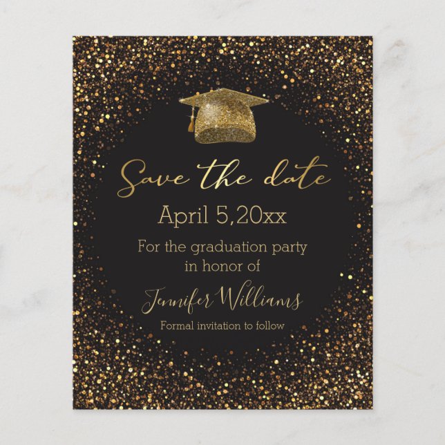 Flyer gold glitters black graduation save the date  (Frente)