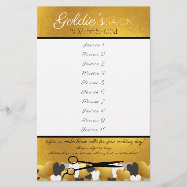 Flyer Gold hair stylist beauty salon price list (Frente)