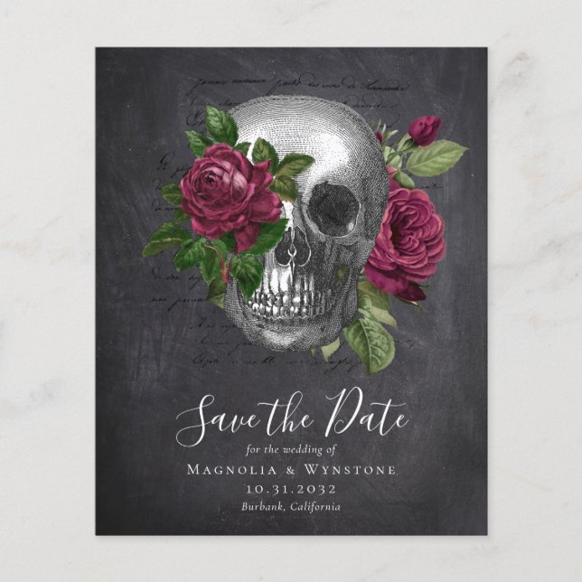Flyer Gótico do PAPEL Salvar a Data | Rosas de crânio em (Frente)