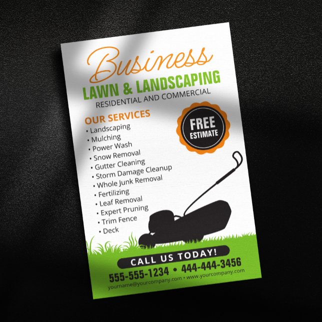 Flyer Green Orange Lawn Landscaping Service Lawncare Mow (Criador carregado)