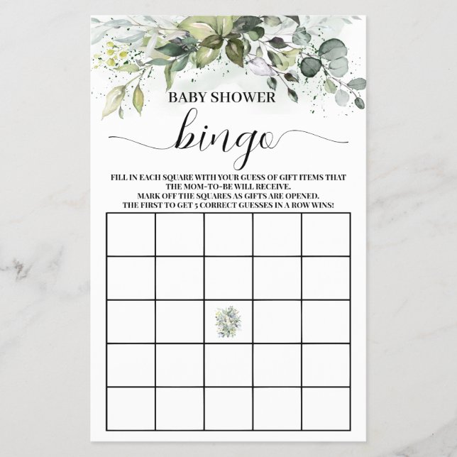 Flyer Greenery Eucalyptus Baby Shower Bingo Game card (Frente)