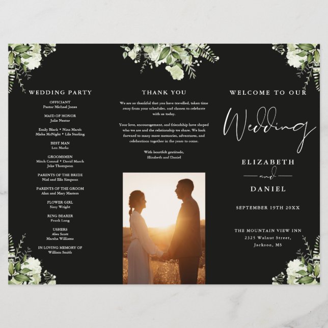Flyer Greenery Floral Trifold Wedding Program (Frente)