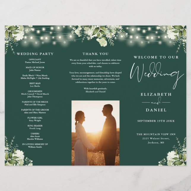 Flyer Greenery Lights Emerald Trifold Wedding Program (Frente)