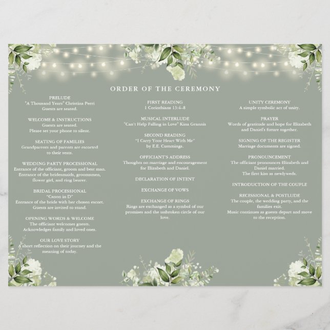 Flyer Greenery Lights Sage Green Trifold Wedding Program (Verso)