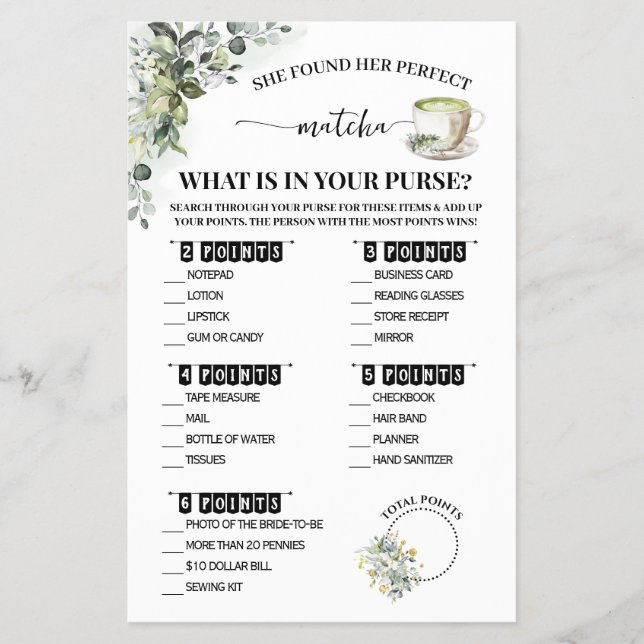 Flyer Greenery Matcha What is in Purse Shower Game Card (Frente)