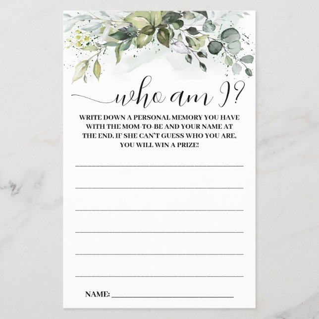 Flyer Greenery Quem sou eu Chá de fraldas Jogo (Frente)