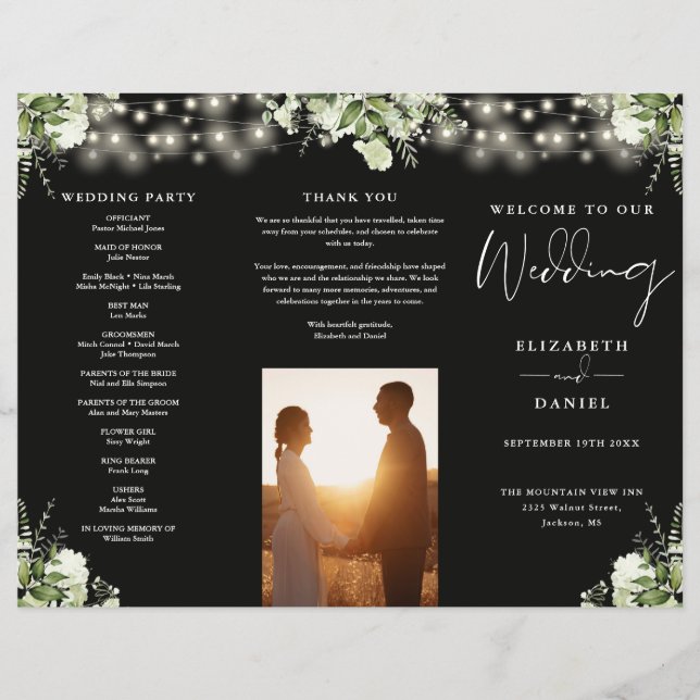 Flyer Greenery String Lights Trifold Wedding Program (Frente)