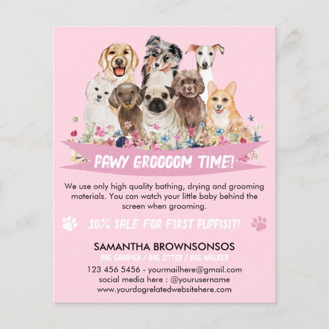 Flyer Grumador de Cães Ilustrado Simples, Branco Rosa (Frente)