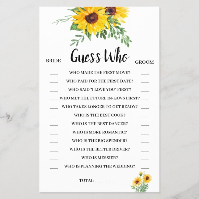 Flyer Guess Who Sunflowers Bridal Shower Game Card (Frente)