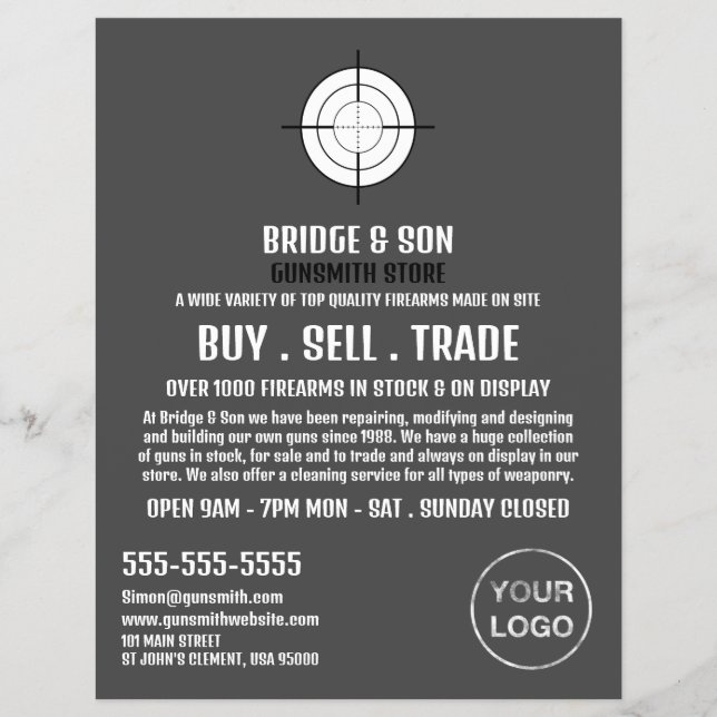 Flyer Gun Target, Gunsmith, Publicidade Gunstore (Frente)
