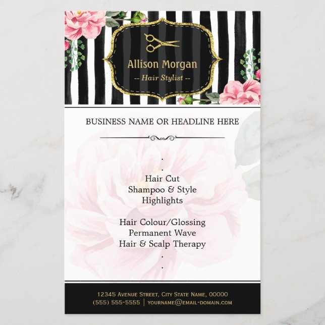 Flyer Hair Salon Dourado Brilhante Preto Branco (Frente)