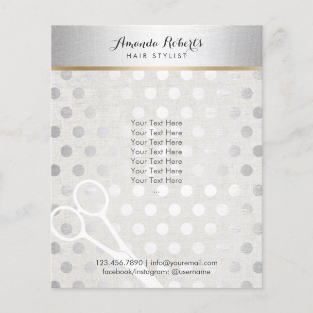 Flyer Hair Stylist Chic Silver Dots Elegante Linen (Frente)