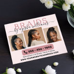 Flyer Hairstylist da Colagem de Fotos Braids<br><div class="desc">Folheto de Hairstylist de Braides Modernos Monogramas, projetado com um toque chic e profissional. Este folheto apresenta a palavra "BRAIDS" na tipografia na moda, complementada pelo seu nome em uma elegante letra manuscrita. Mostre sua experiência com 4 fotos de exemplo dos seus penteados tranquilos em um fundo rosa e preto...</div>