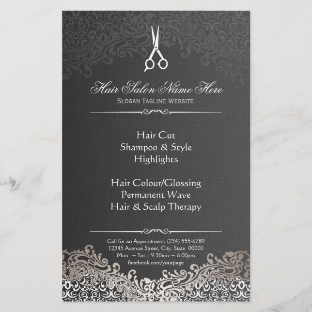 Flyer Hairstylist Salon Elegant Dark Silver Damask (Frente)