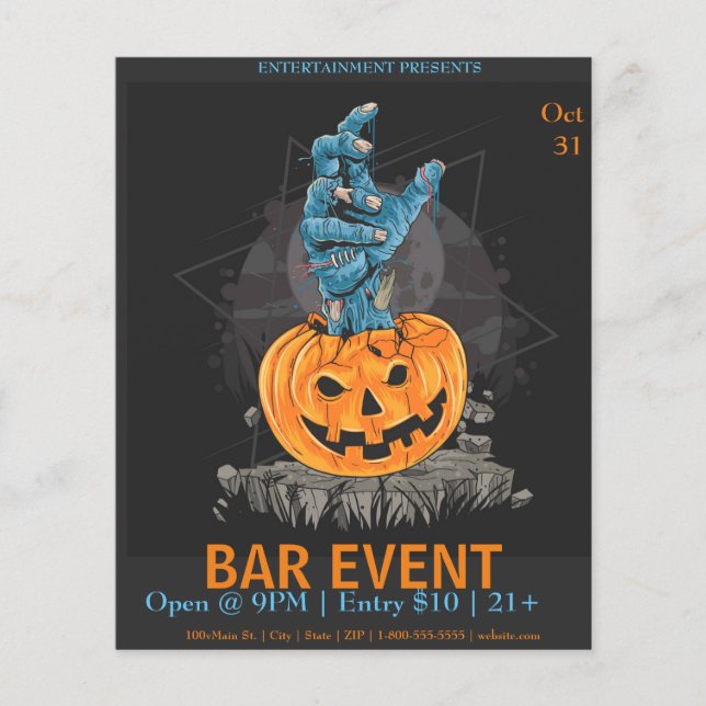 Flyer Halloween Pumpkin with Hand Bar Event Template (Frente)