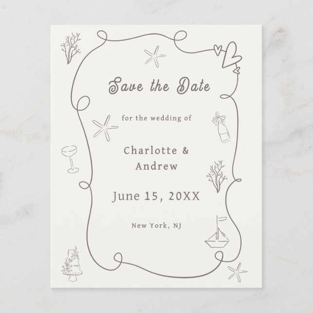 Flyer Hand drawn beach ivory taupe wedding Save the Date (Frente)