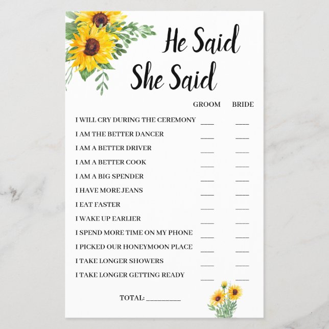 Flyer He Said She Said Sunflower Bridal Shower Game Card (Frente)