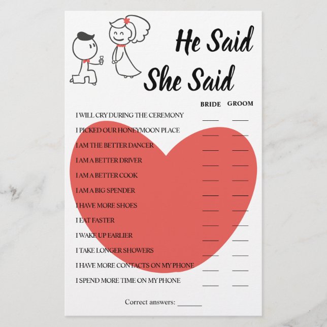 Flyer He Said She Said Wedding Couple Shower Game Card (Frente)