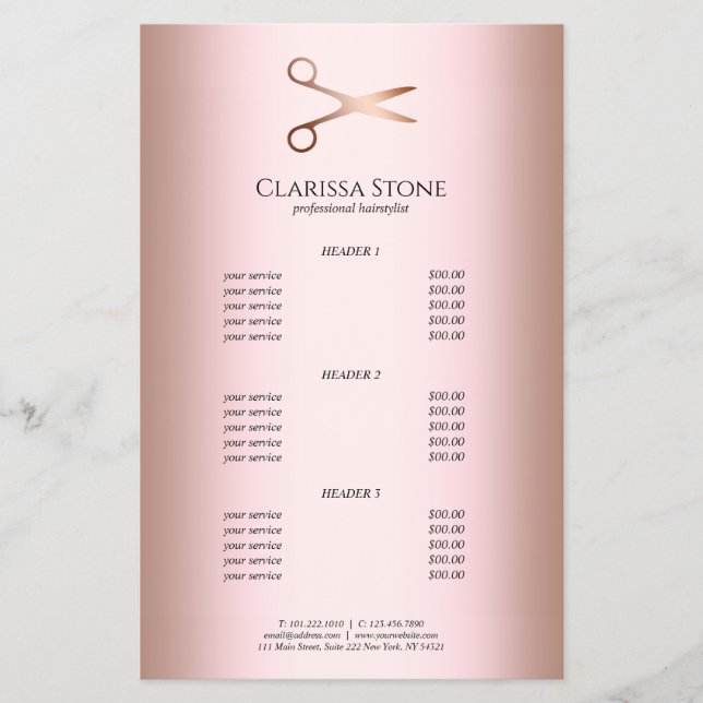 Flyer Hirestilista de tesouras de ouro rosa modernas e e (Frente)