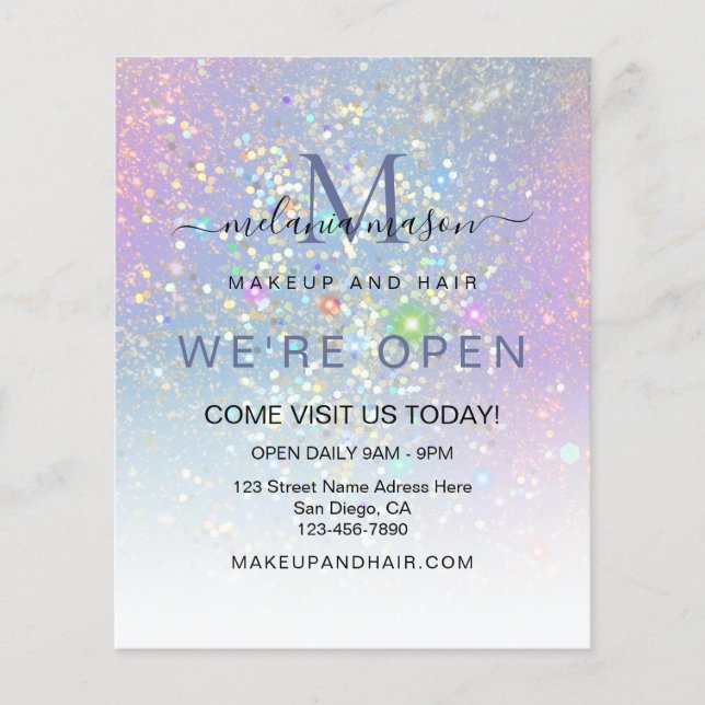 Flyer Holographic Glam Glitter Elegante Estamos Abertos  (Frente)