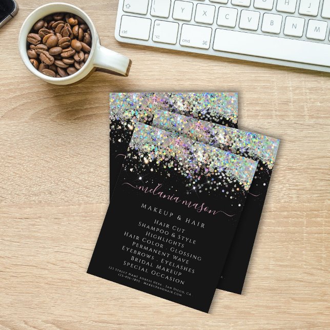 Flyer Holographic Glitter Beauty Salon Black Elegant (Criador carregado)