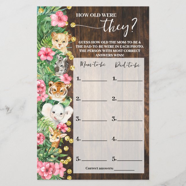 Flyer How old were They Pink Safari Shower Game Card (Frente)