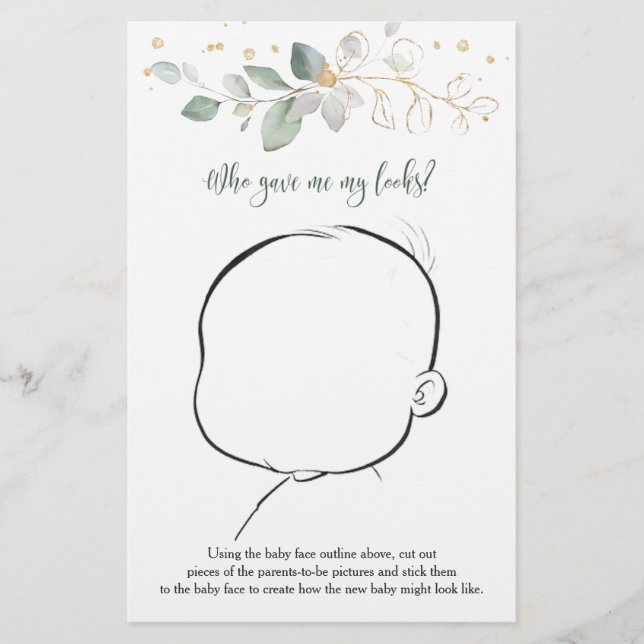 Flyer How Our Baby Might Look Greenery Baby Shower Game (Frente)