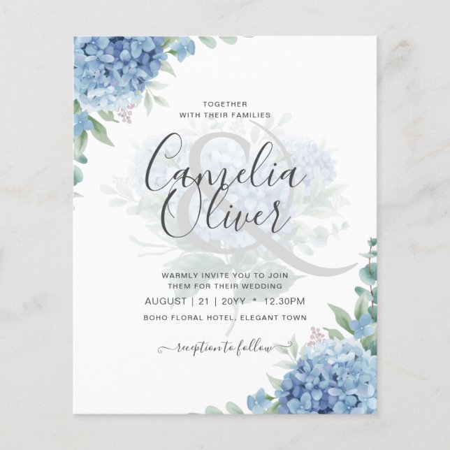 Flyer Hydrangea Azul Moderno Convite para Casamento Flor (Frente)