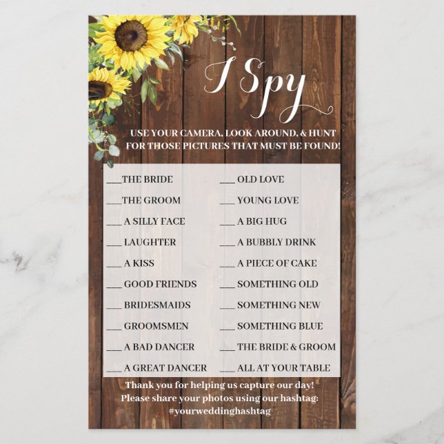 Flyer I Spy Sunflower Western Festa de casamento Game Ca (Frente)