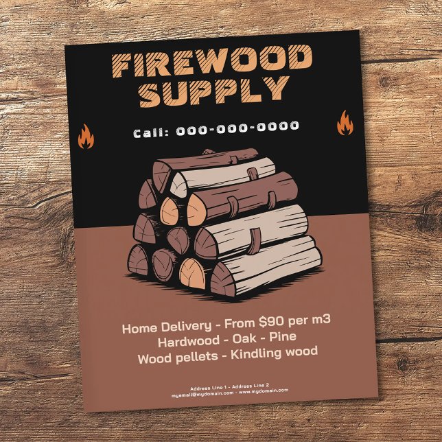 Flyer Ícone de Chama - Fornecimento de Lenha (Flame Icon - Firewood Supply Flyer)