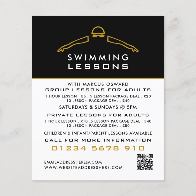 Flyer Ícone de Natação Dourada, Anúncio de Lição de Nada (Frente)