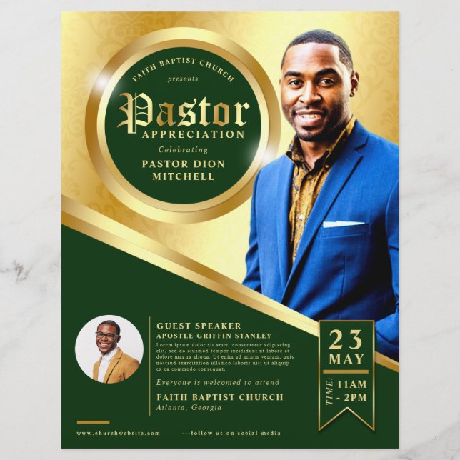Flyer Igreja de Apreciação do Pastor Verde e Dourado Vin (Frente)