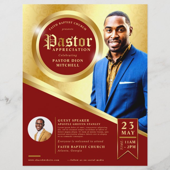 Flyer Igreja de Apreciação do Pastor Vermelho e Dourado  (Frente)