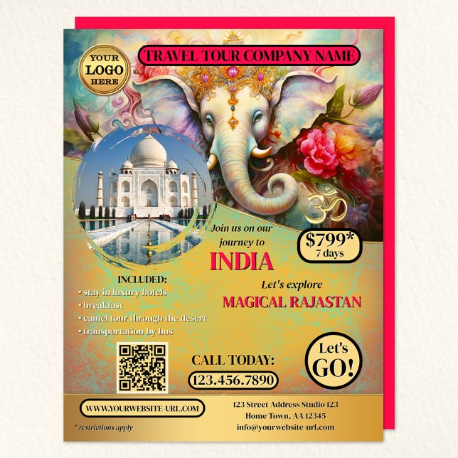 Flyer Índia Viagem Ganesh Colorful Modelo (A colorful India travel agency flyer featuring Ganesh with your logo, custom photo and QR code)
