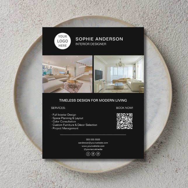 Flyer Interior Designer Logo Photo QR Black Business (Interior Designer Logo Photo QR Black Business Flyer)