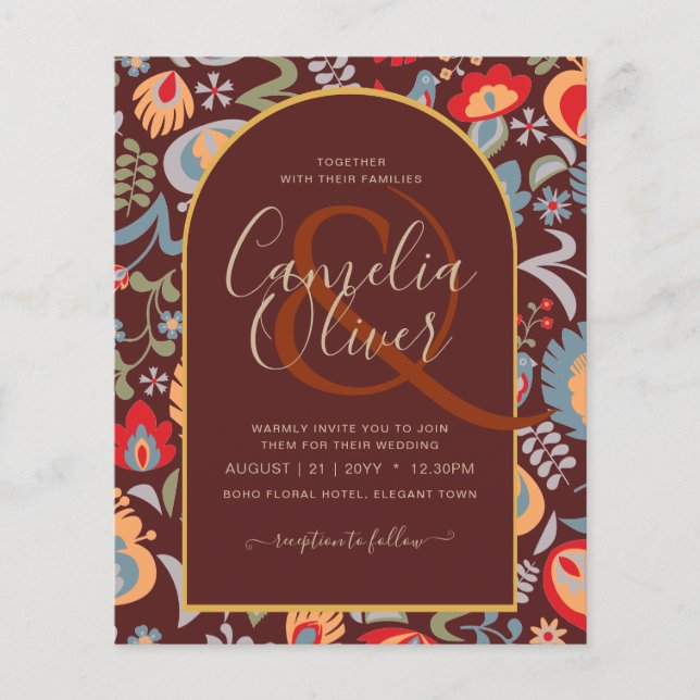 Flyer invitación bilingüe de boda de flores, popular, (Frente)