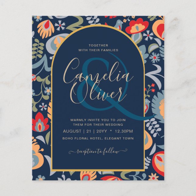 Flyer invitación bilingüe de boda de flores, popular, (Frente)