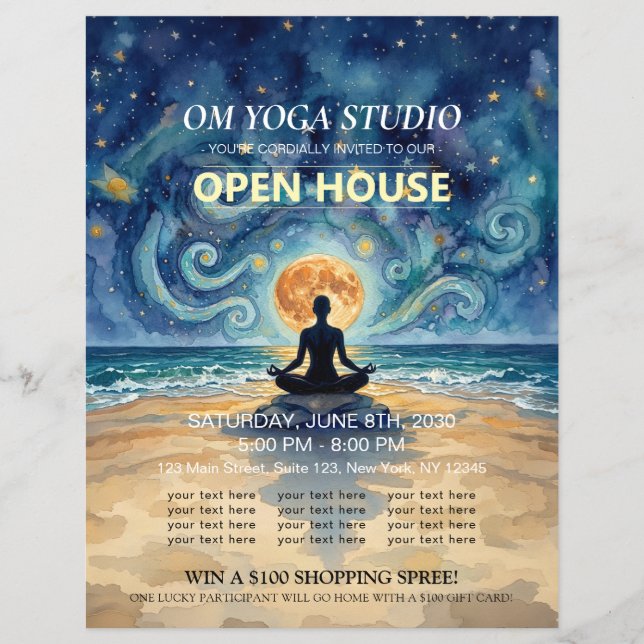 Flyer Ioga Meditação Estrela Noite Céu Lua Casa Aberta (Frente)
