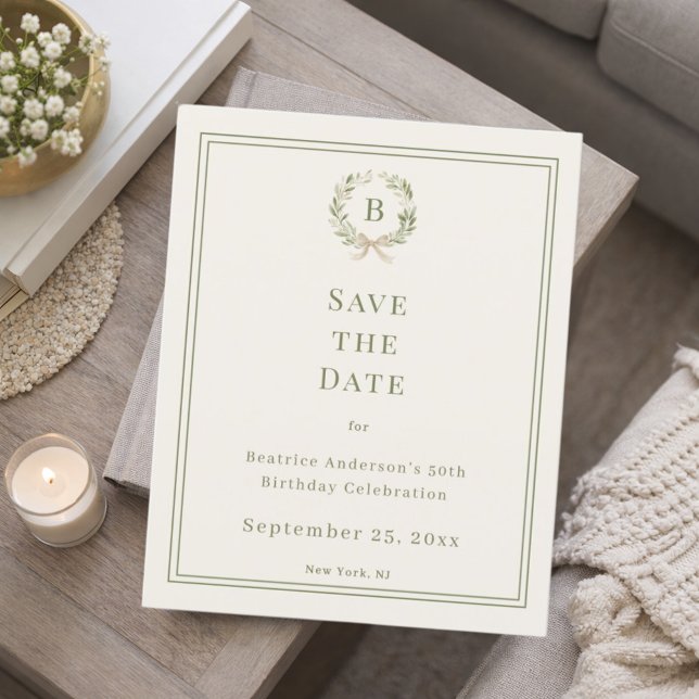 Flyer Ivory green monogram wreath birthday Save the Date (Criador carregado)