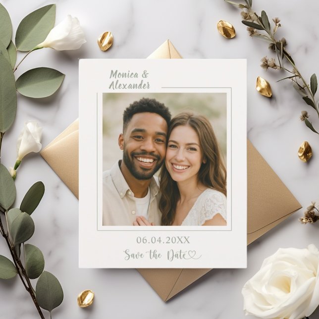 Flyer Ivory sage green photo wedding Save the Date (Criador carregado)