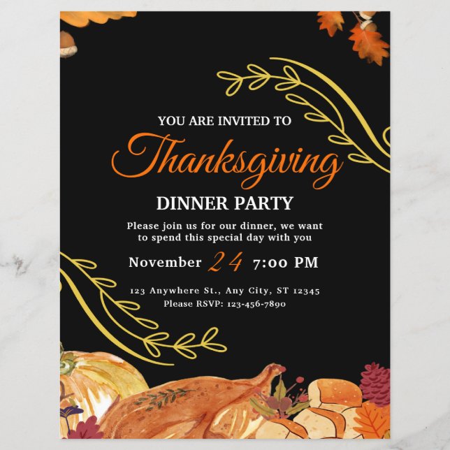 Flyer Janto de Ação de Graças Elegante Preto Imprimível (Frente)