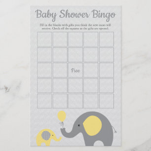 Flyer Jogo amarelo e cinzento do Bingo do chá de fralda