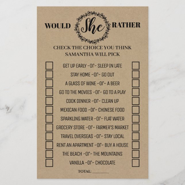 Flyer Jogo bilíngue de chuveiro rústico 'Would She Rathe (Frente)
