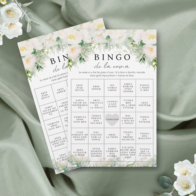Flyer Jogo Bingo do Chá de panela Inglês Bilíngue (Bridal shower bingo in Spanish with lovely white florals and elegant calligraphy script)