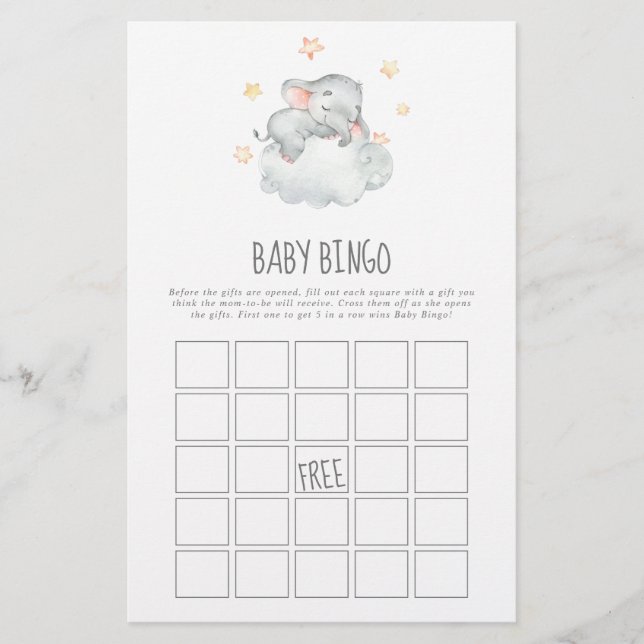 Flyer Jogo de Bingo de Bebê Menina Elefante Adormecida (Frente)