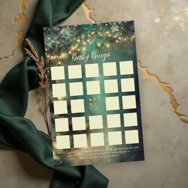 Flyer Jogo de Bingo para Chá de Bebê Enchanted Forest La (enchanted forest baby shower game bingo emerald green gold fairy lights lanterns magical woodland)