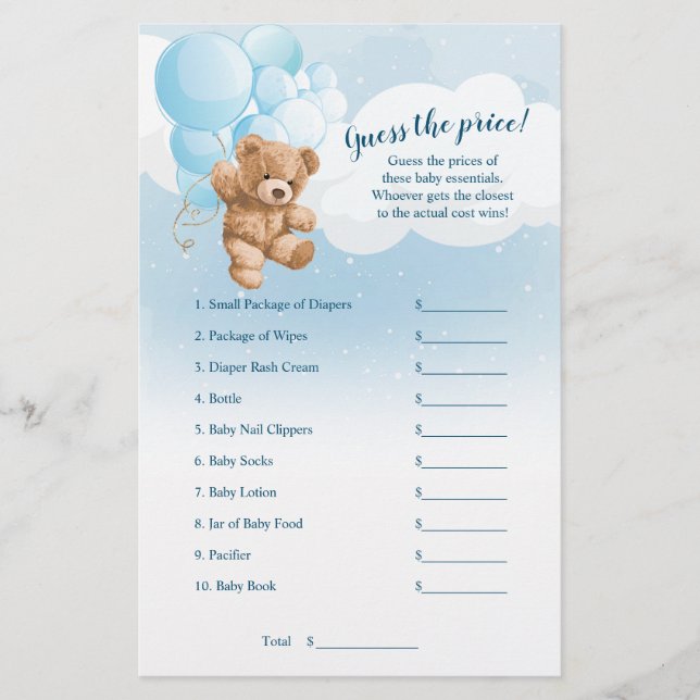 Flyer Jogo de Chá de Bebê Adivinhe o Preço do Urso de Pe (Frente)
