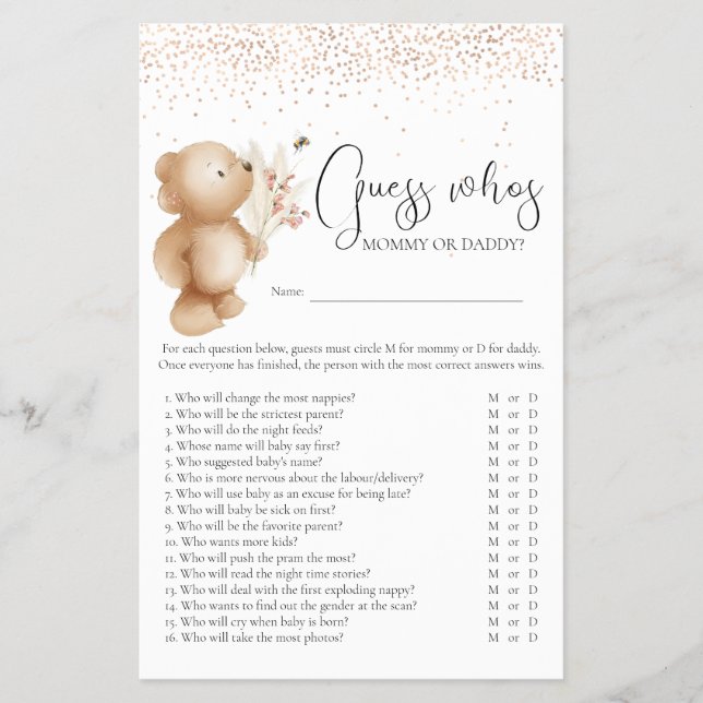 Flyer Jogo de Chá de Bebê 'Adivinhe Quem' Urso & Abelha (Frente)