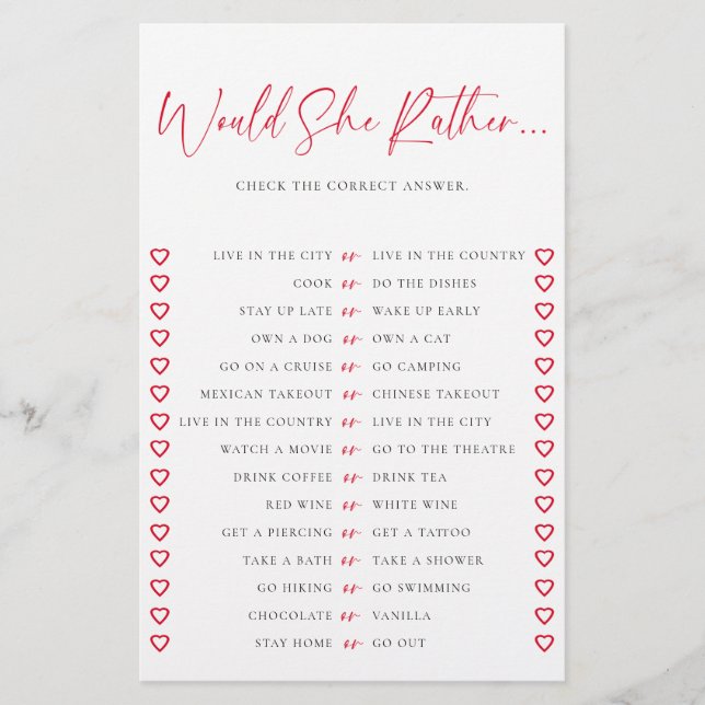Flyer Jogo de Chá de Noiva 'Would She Rather' Chic Valen (Frente)