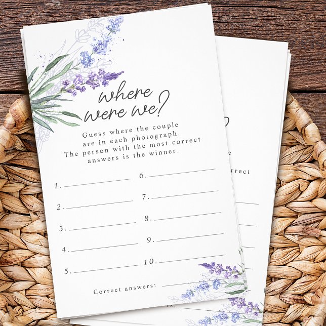 Flyer Jogo de Chuva de Presentes de Noiva Lavanda Onde E (Lavender Where Were We Bridal Shower Game Flyer)
